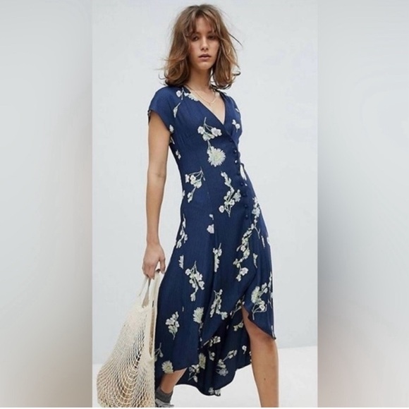 Free People Lost In You Navy Blue Midi  Floral Navy Button Short Sleeve … - Picture 1 of 13